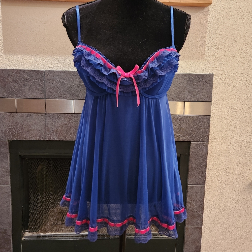 Cute Blue Hot Pink Babydoll Lingerie Ruffle Sexy Sheer Size Small